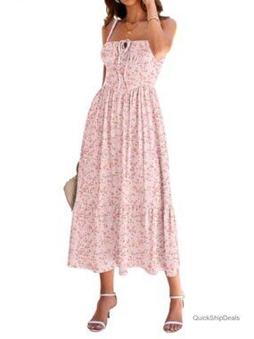 Women's Flowy A-Line Tiered Spaghetti Strap Lace Up Corset Midi Sundress with